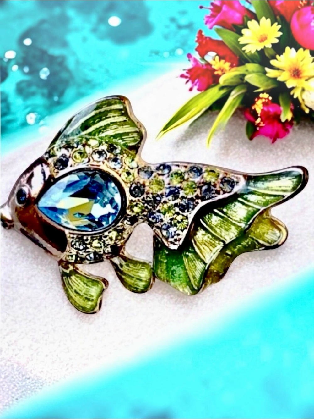 Vintage Monet Fish Brooch Pin Blue Teardrop Rhinestone Green Enamel Signed 1.5”